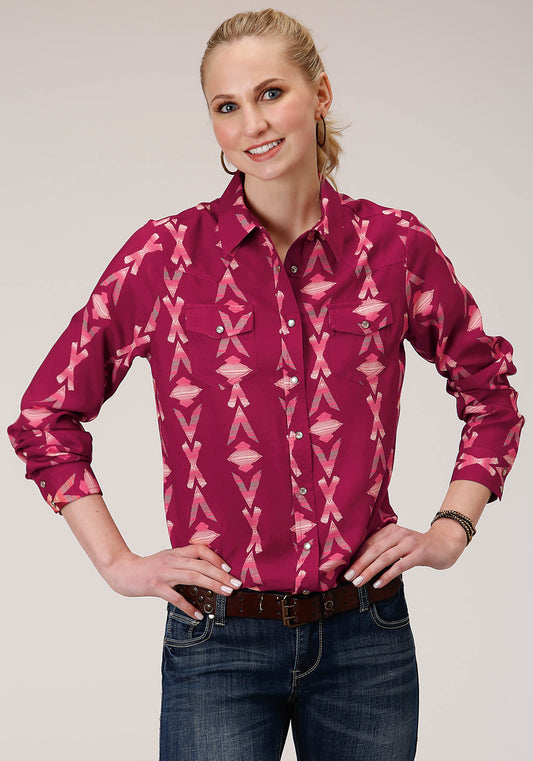 Roper Aztec Rayon Western Blouse Long Sleeve Purple