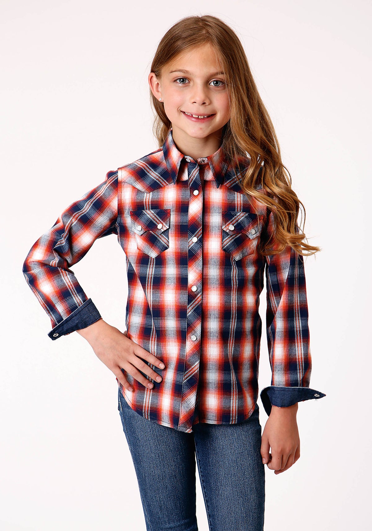 Roper Kids Blue Dobby Plaid Long Sleee Snap Shirt