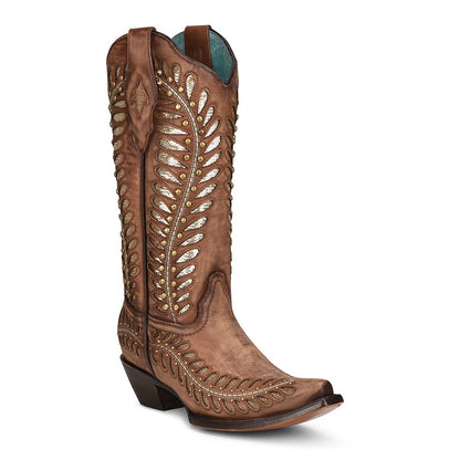 Corral Gold Feather Inlay/Studs Snip Toe