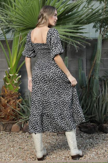 Angie Cactus Print Smocked Bodice Puff Sleeve Midi Dress Black