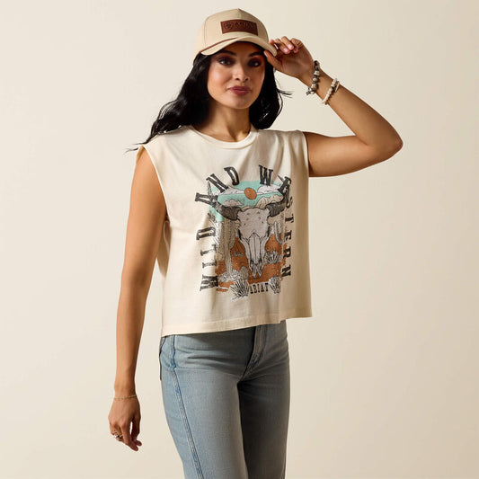 Ariat Ladies Ariat Steer Skull Landscape T-Shirt Faded Ivory