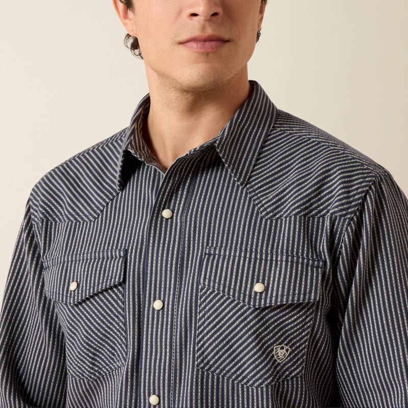Ariat Mens Retro Haywood Fitted Snap Shirt Ombre Blue Stripe