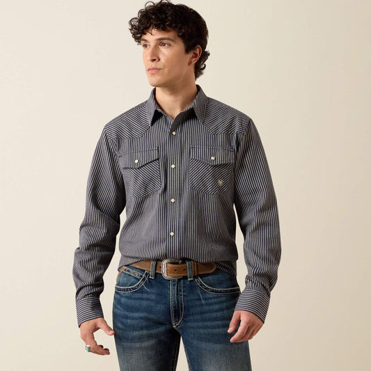 Ariat Mens Retro Haywood Fitted Snap Shirt Ombre Blue Stripe