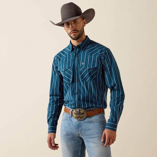 Ariat Mens Pro Series Wolfgang Classic Fit Snap Shirt Sailor Blue Vertical Stripe