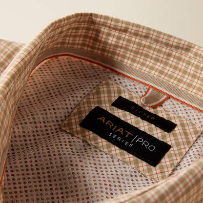 Ariat Mens Pro Series West Fitted Snap Shirt Beige Micro Plaid