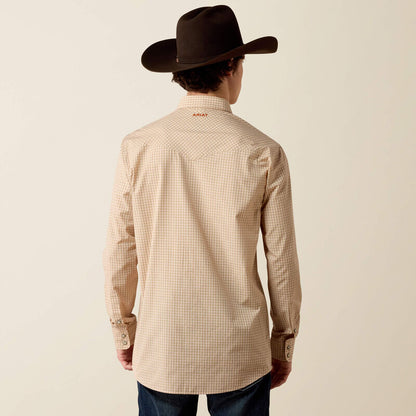 Ariat Mens Pro Series West Fitted Snap Shirt Beige Micro Plaid