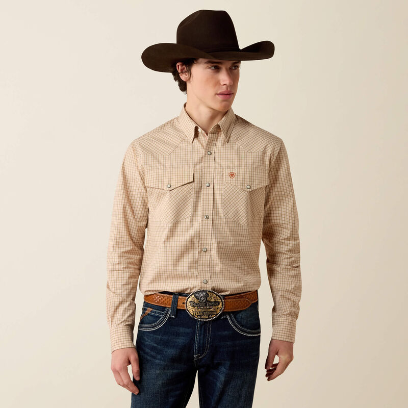 Ariat Mens Pro Series West Fitted Snap Shirt Beige Micro Plaid