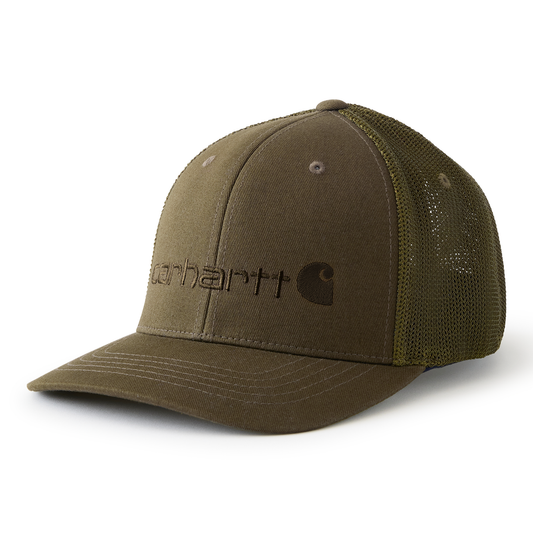 Carhartt Rugged Flex Fitted Canvas Mesh-Back Logo Graphic Cap Burnished Logs