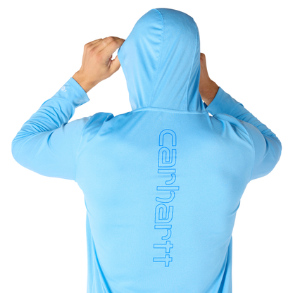 Carhartt Force Sun Defender Hooded Long Sleeve Logo Tranquil Blue Heather