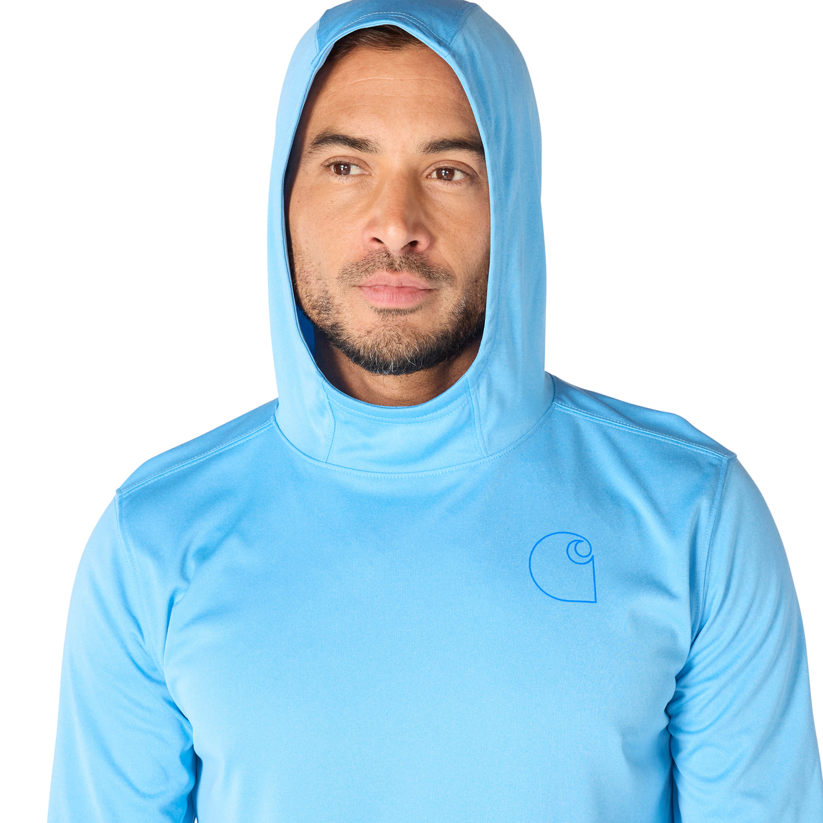 Carhartt Force Sun Defender Hooded Long Sleeve Logo Tranquil Blue Heather