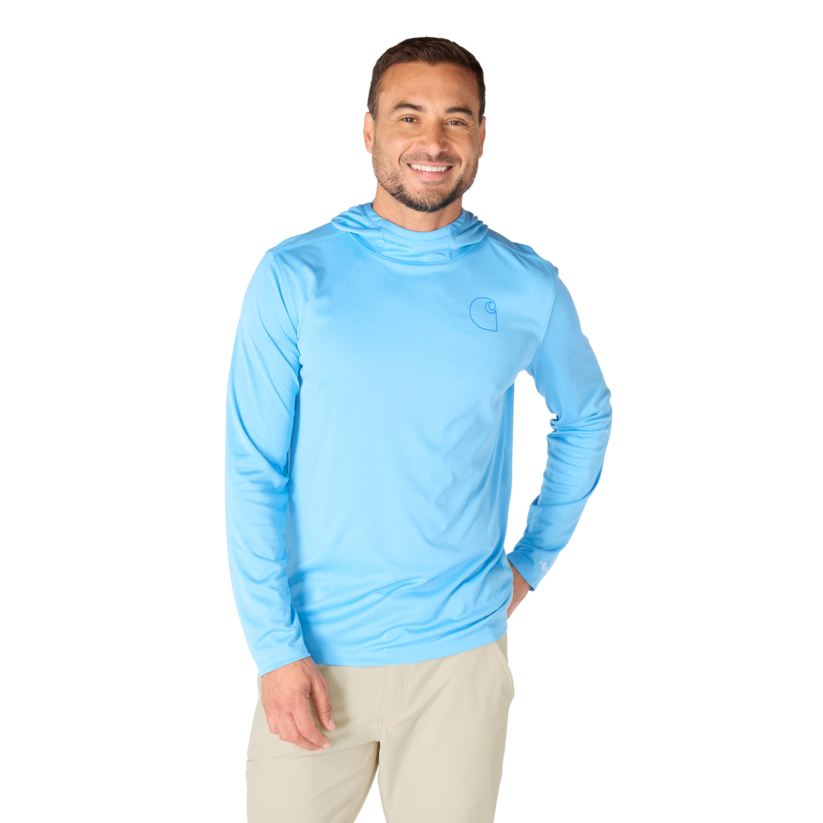 Carhartt Force Sun Defender Hooded Long Sleeve Logo Tranquil Blue Heather