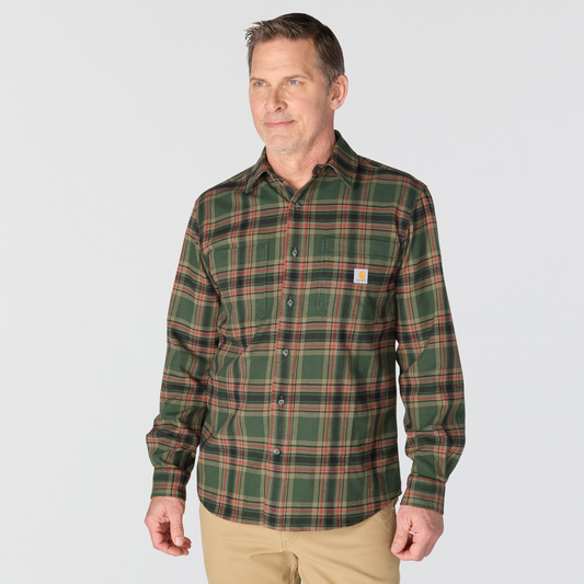 Carhartt Rugged Flex Relaxed Fit Midweight Flannel Long Sleeve Plaid Shirt Forestry Green/amber Terrain
