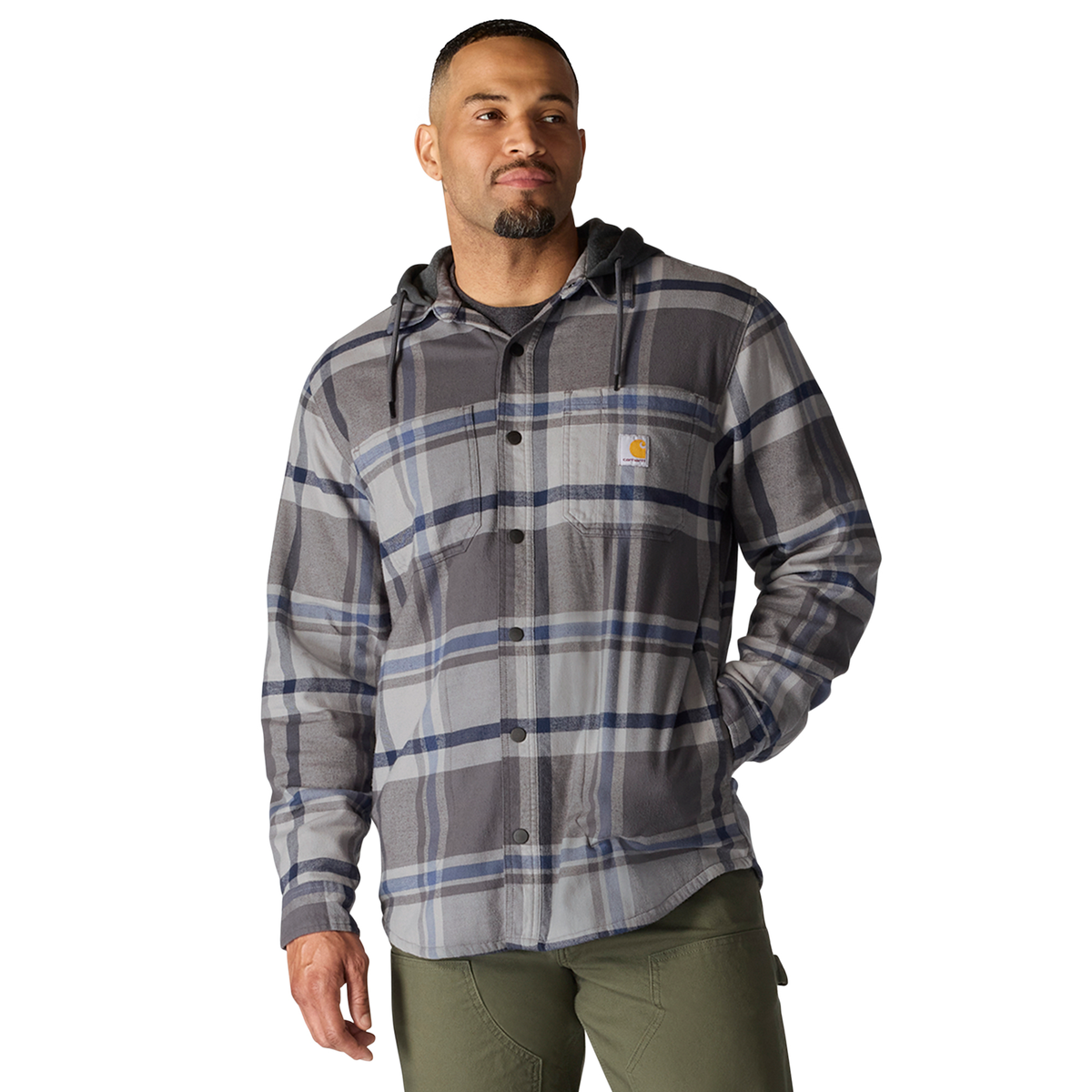 Carhartt Rugged Flex Relaxed Fit Flannel Fleece Lined Hooded Shirt Jacket Gravel