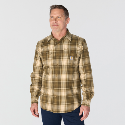 Carhartt Hubbard Loose Fit Heavyweight Flannel Long Sleeve Plaid Shirt Burnished Logs