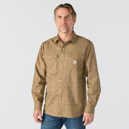 Carhartt Montana Rugged Flex Relaxed Fit Lightweight Long Sleeve Snap Shirt Front Night Fatigue Geo Print