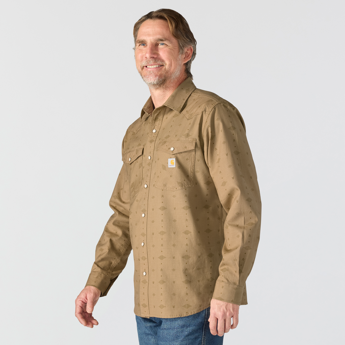 Carhartt Montana Rugged Flex Relaxed Fit Lightweight Long Sleeve Snap Shirt Front Night Fatigue Geo Print