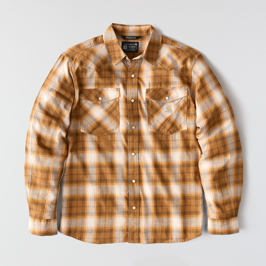 Carhartt Montana Rugged Flex Relaxed Fit Lightweight Long Sleeve Snap Front Plaid Shirt Carhartt Brown