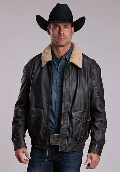 Stetson Black Leather Bomber Jacket with Faux Shearling Collar