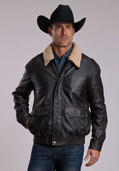 Stetson Black Leather Bomber Jacket with Faux Shearling Collar