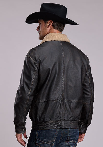 Stetson Black Leather Bomber Jacket with Faux Shearling Collar