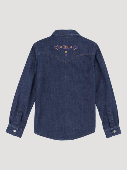 Wrangler Flower Embroidered Denim Snap Shirt