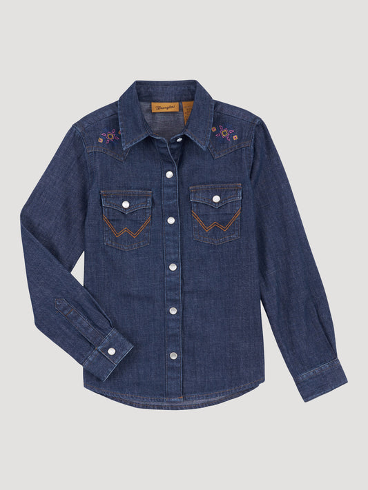 Wrangler Flower Embroidered Denim Snap Shirt