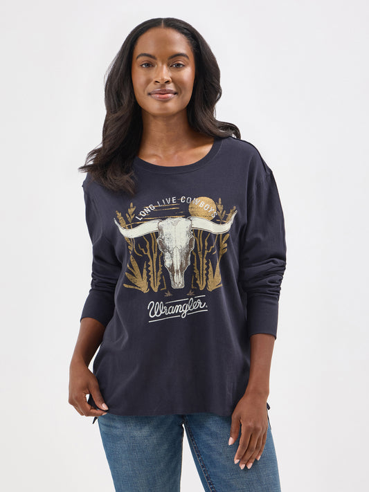 Wrangler Steer Skull Long Sleeve Tee Navy
