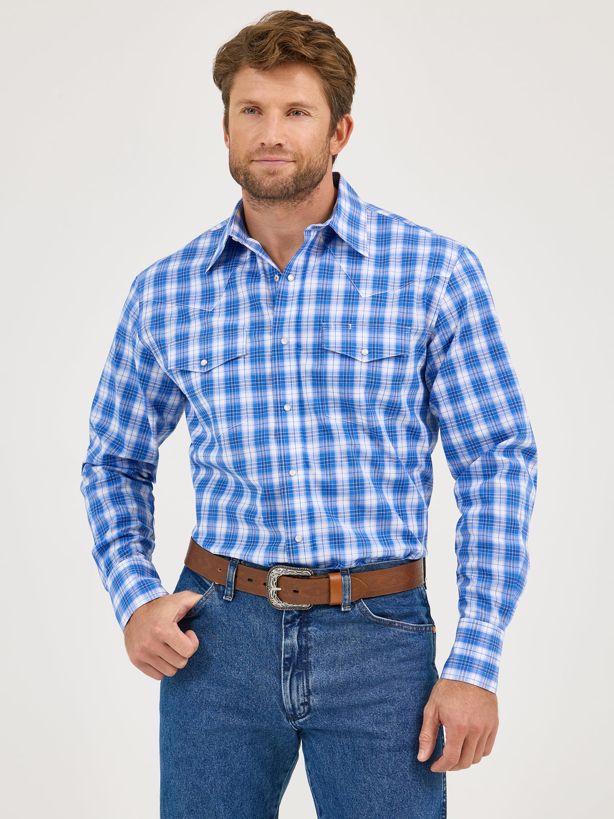 Wrangler Wrinkle Resist Blue Plaid Snap Shirt