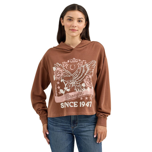 Wrangler Long Sleeve Cropped Hoodie Relaxed Fit Cacao Nibs