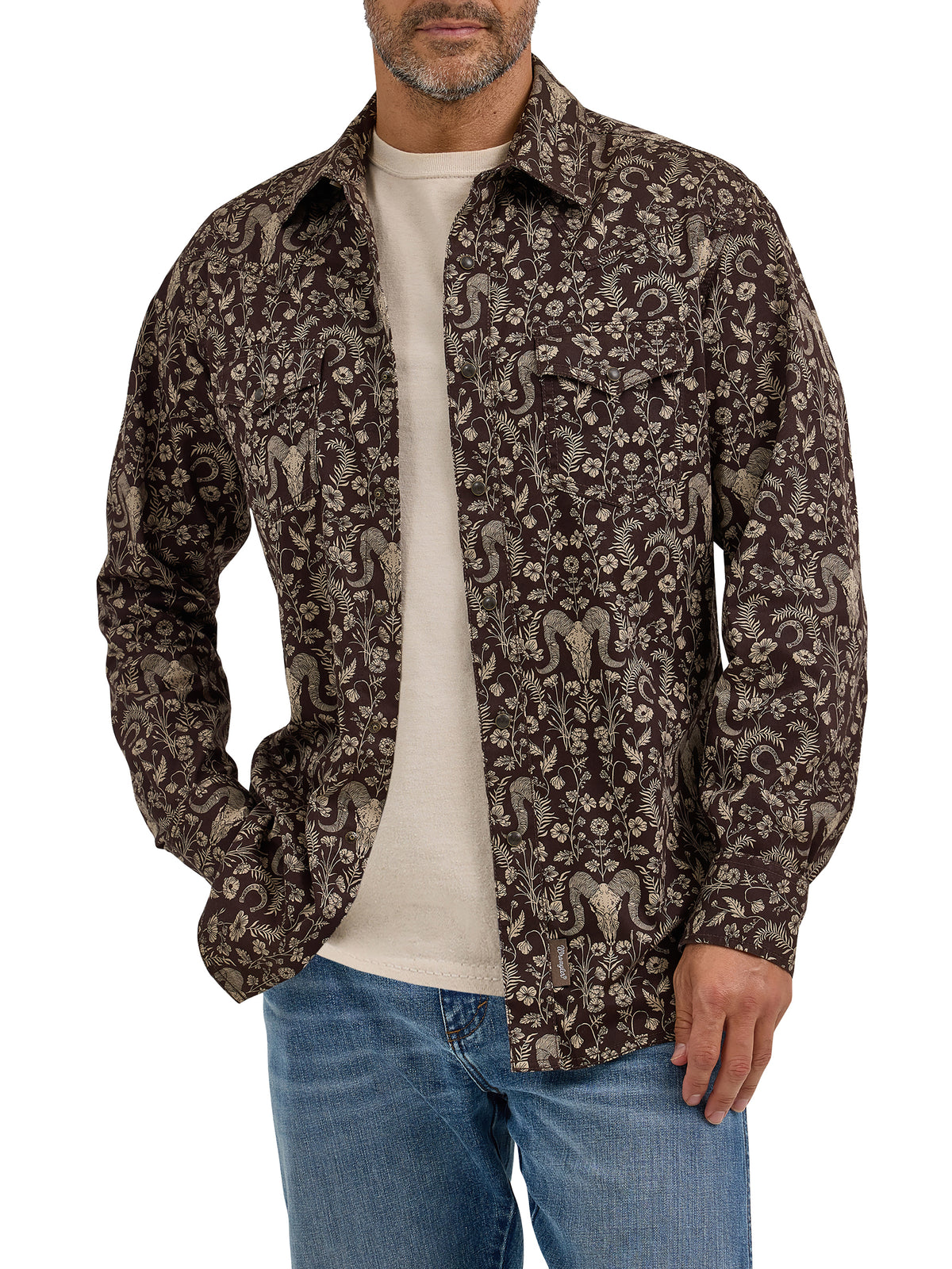 Wrangler Retro Premium Brown Western Print Long Sleeve Snap