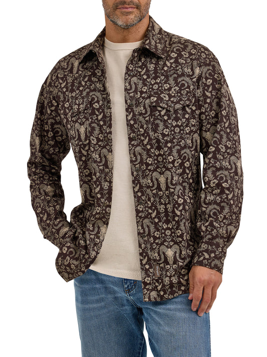 Wrangler Retro Premium Brown Western Print Long Sleeve Snap