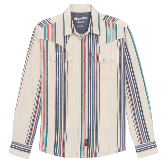 Wrangler Retro Premium Long Sleeve Snap Shirt Modern Fit Tan Multi Strip
