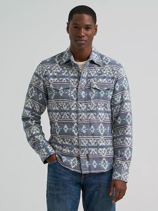 Men's Wrangler Retro Premium Western Snap Jacquard Shirt Grey Canyon