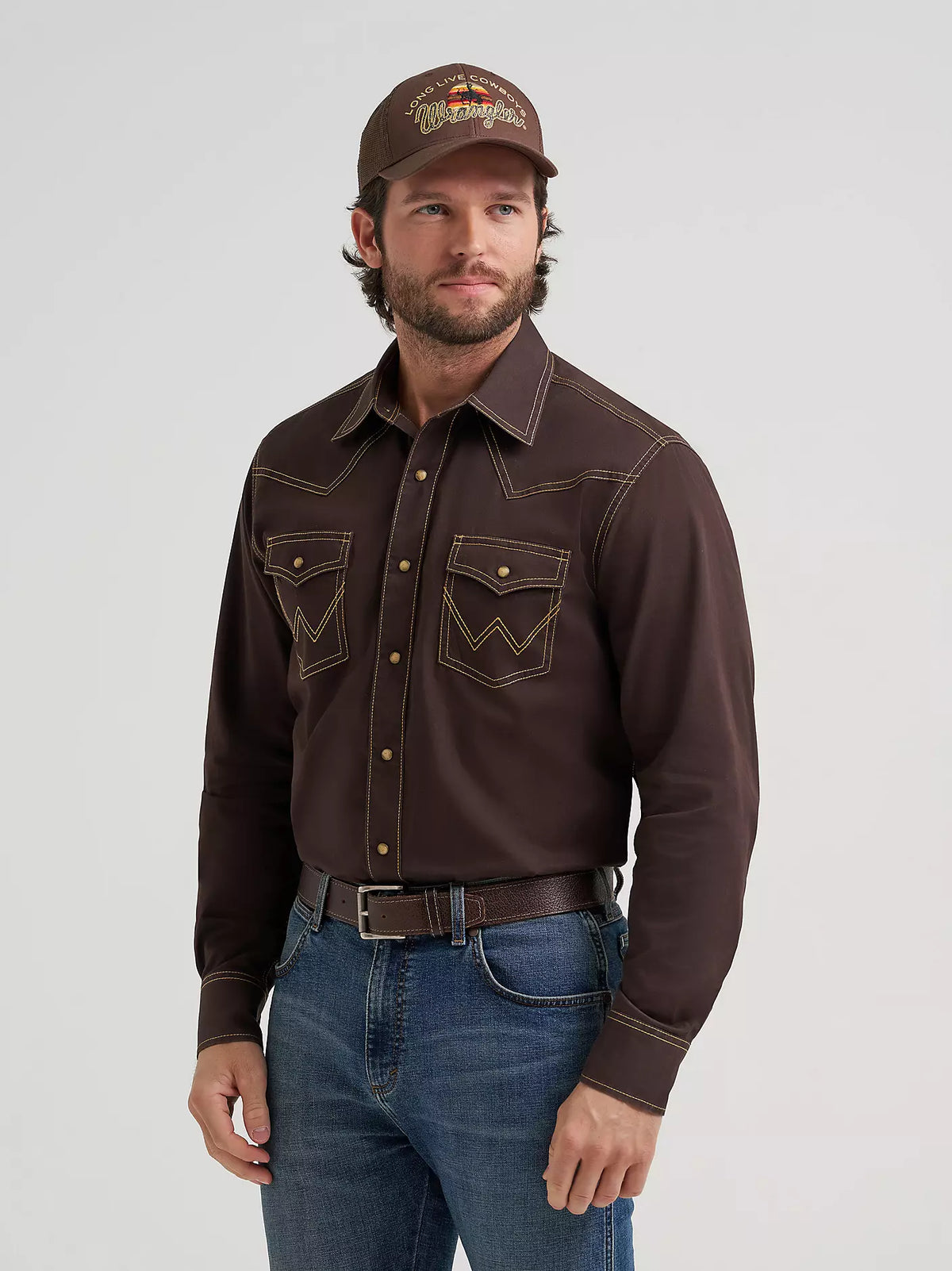 Wrangler Mens Retro Premium Western Snap Solid Shirt Bark