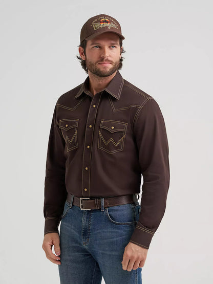 Wrangler Mens Retro Premium Western Snap Solid Shirt Bark