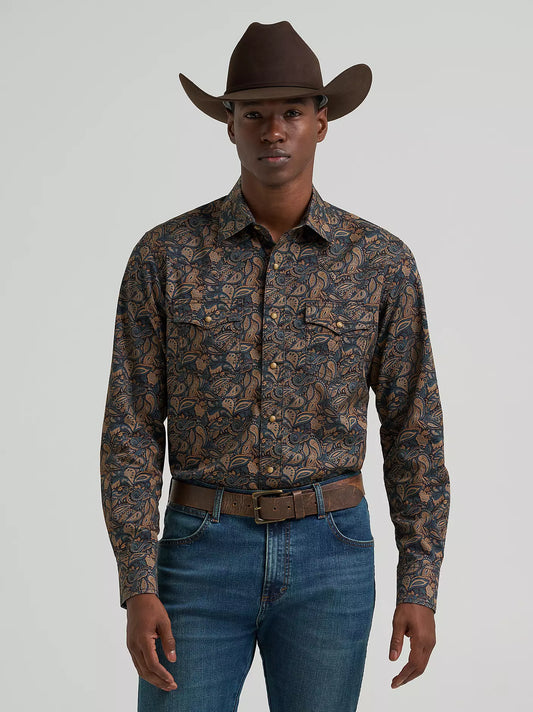 Wrangler Retro Premium Long Sleeve Snap Shirt Modern Fit Brown