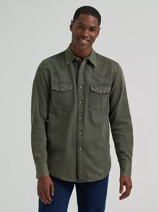 Wrangler Mens Colorwash Denim Western Snap Shirt Olive