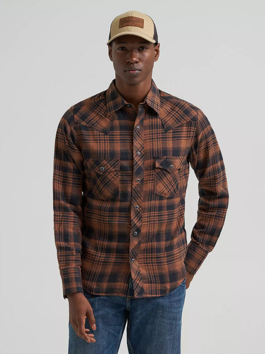 Wrangler Retro Long Sleeve Flannel Western Snap Plaid Shirt Sable