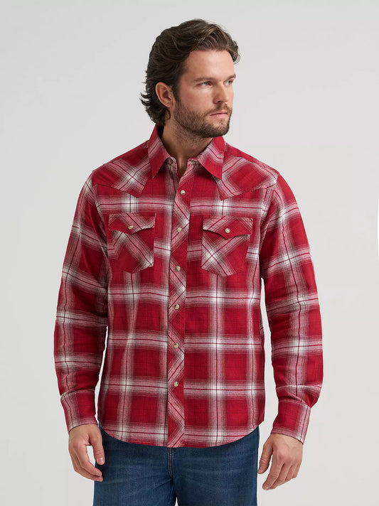 Wrangler Retro Long Sleeve Flannel Western Snap Plaid Shirt Hearth Red