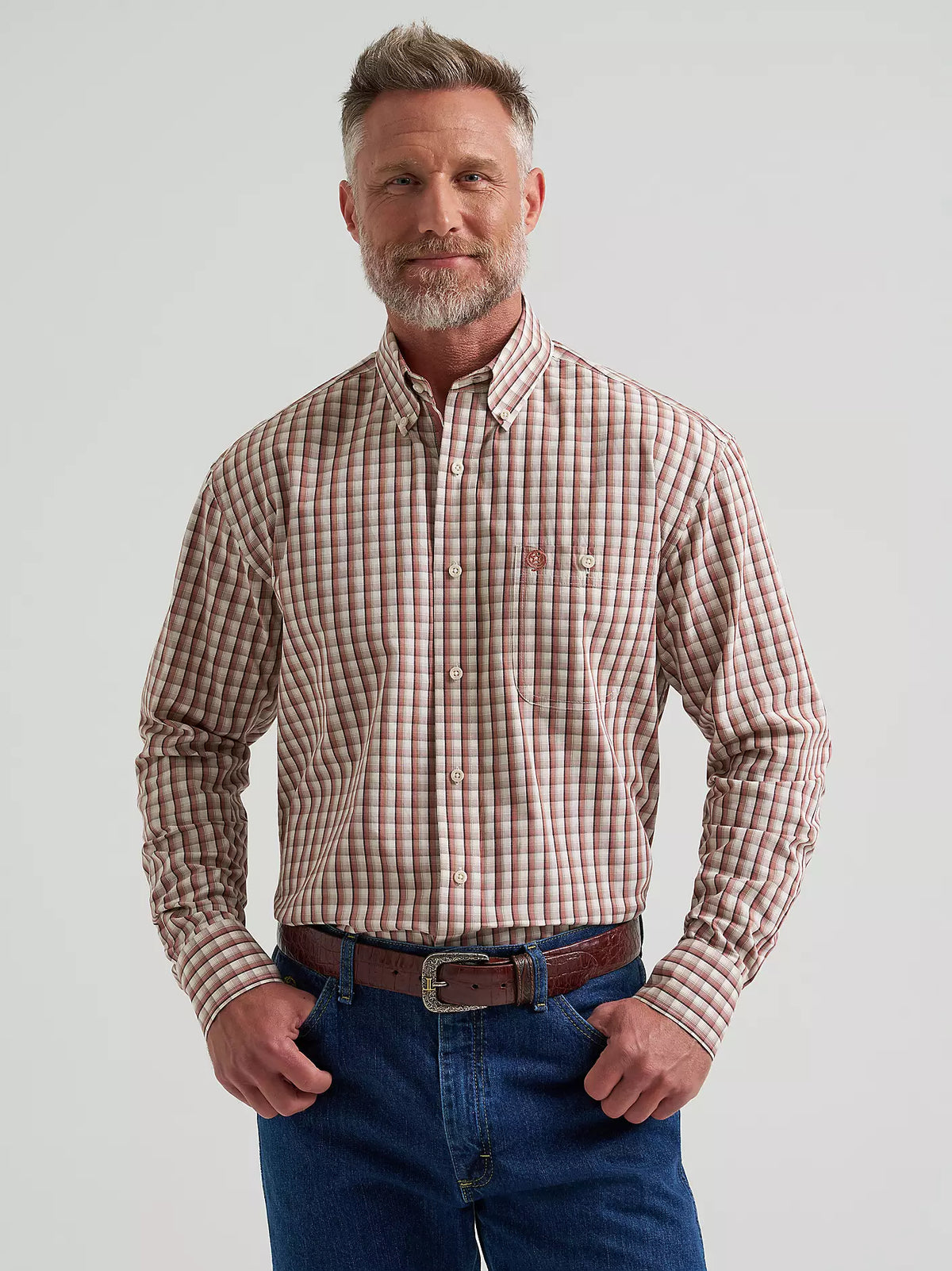 Wrangler George Strait Long Sleeve Button Down One Pocket Shirt Adobe Check