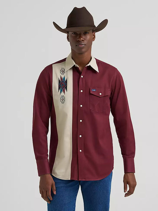 Wrangler Vintage Inspired Contrast Band Western Snap Shirt Wine