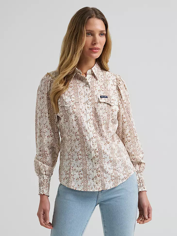 Wrangler Smocked Sleeve Western Snap Blouse