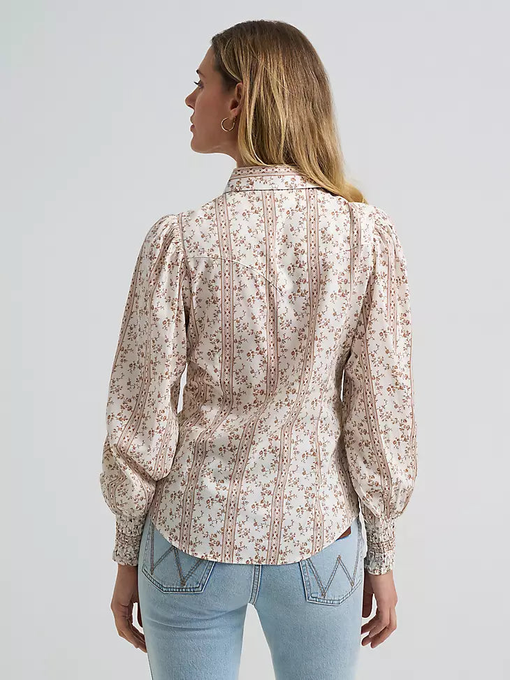 Wrangler Smocked Sleeve Western Snap Blouse