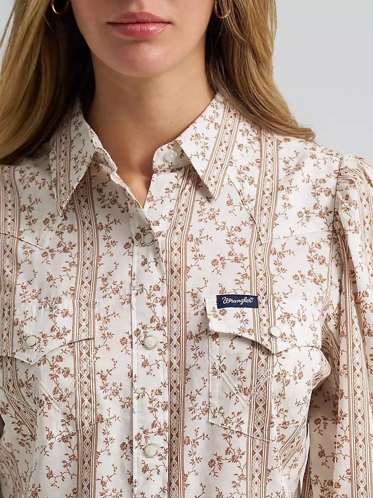 Wrangler Smocked Sleeve Western Snap Blouse