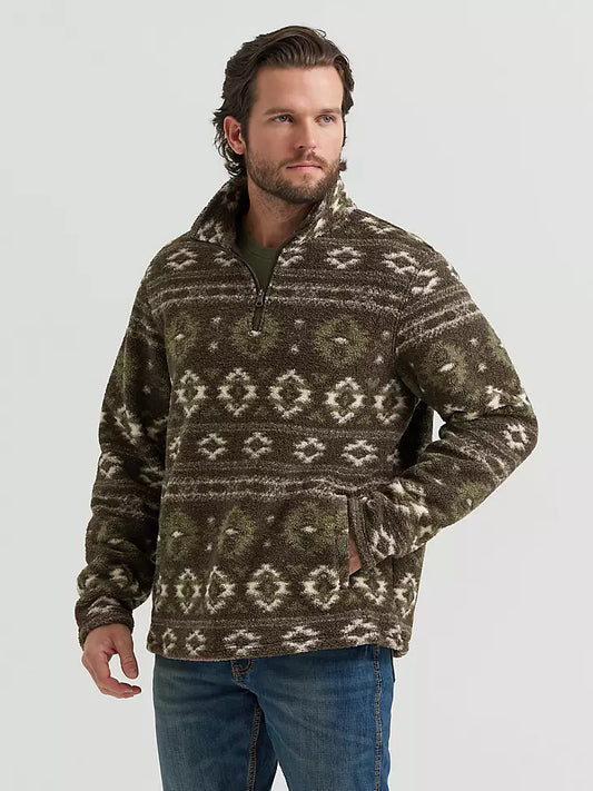 Wrangler Mens Hay Away Sherpa Quarter-Zip Pullover Black Olive