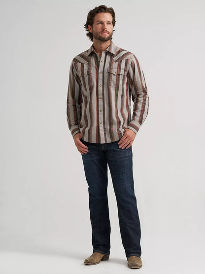 Wrangler Retro Premium Stripe Western Snap Shirt Brown Sand