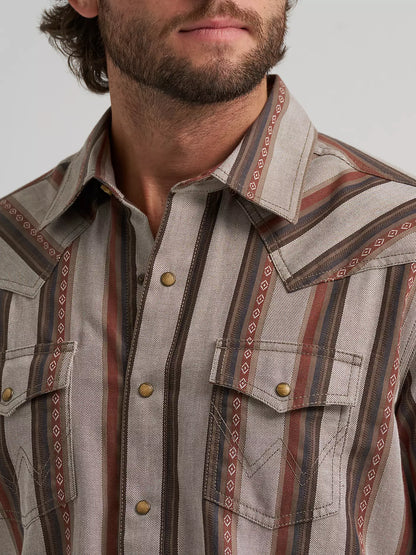 Wrangler Retro Premium Stripe Western Snap Shirt Brown Sand