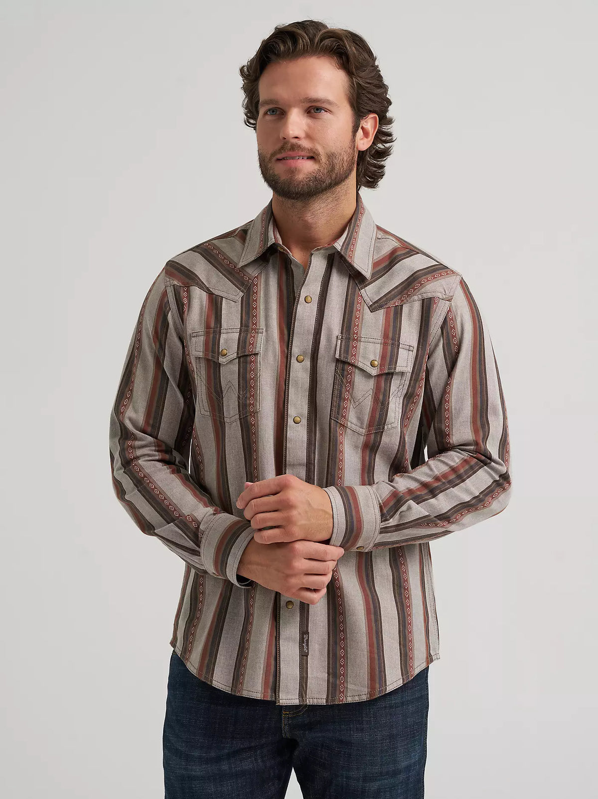 Wrangler Retro Premium Stripe Western Snap Shirt Brown Sand