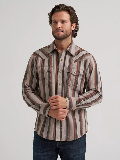 Wrangler Retro Premium Stripe Western Snap Shirt Brown Sand