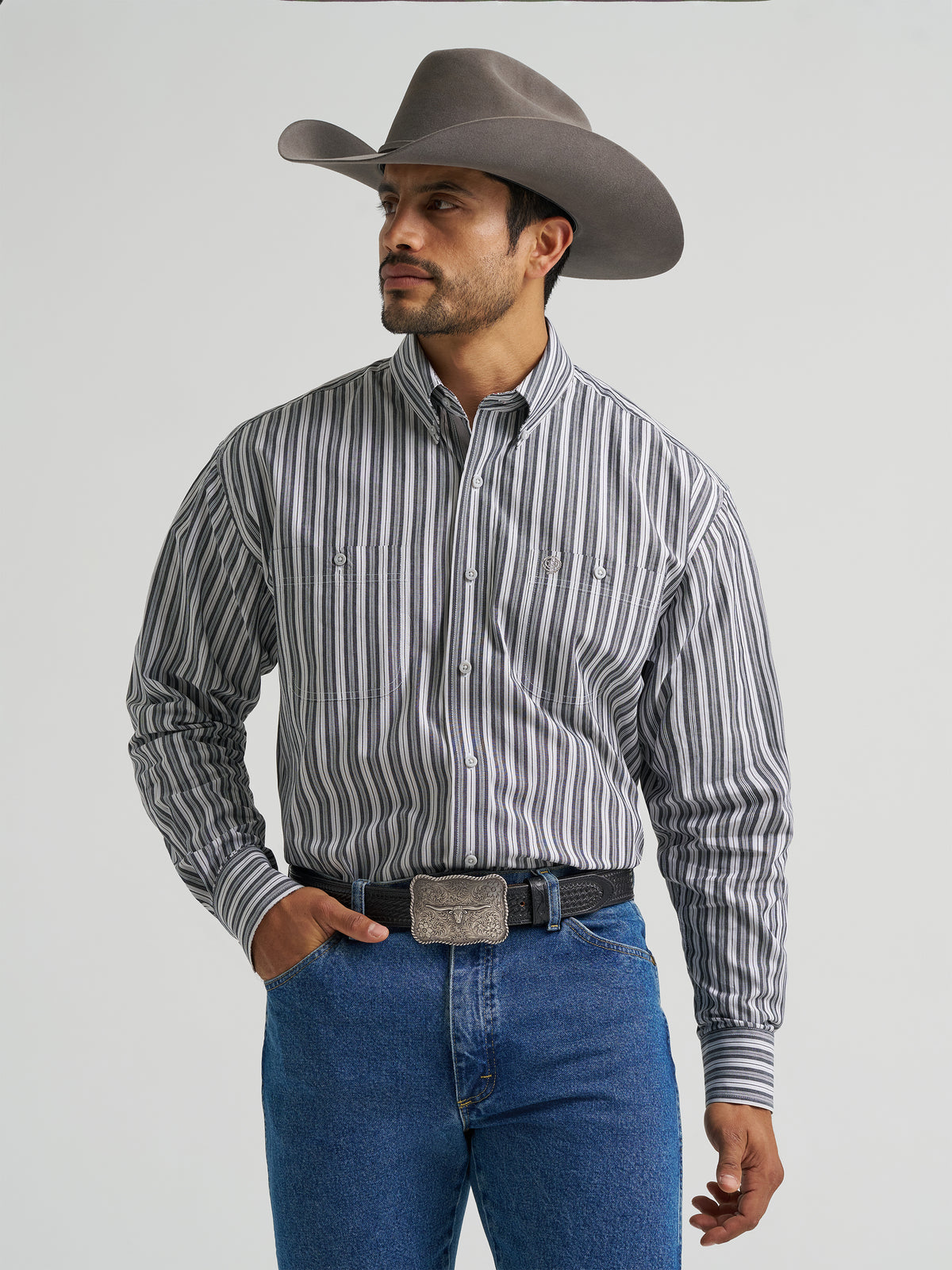 Wrangler George Strait Collection Two Pocket Long Sleeve Shirt Stretch Grey